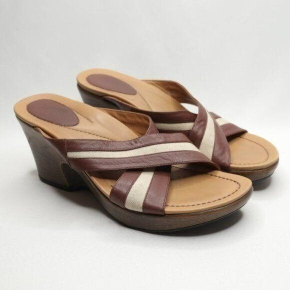 Dansko Neeci Women's Size 40 Brown & Cream Leather Wedge Slide Sandals - Picture 1 of 11